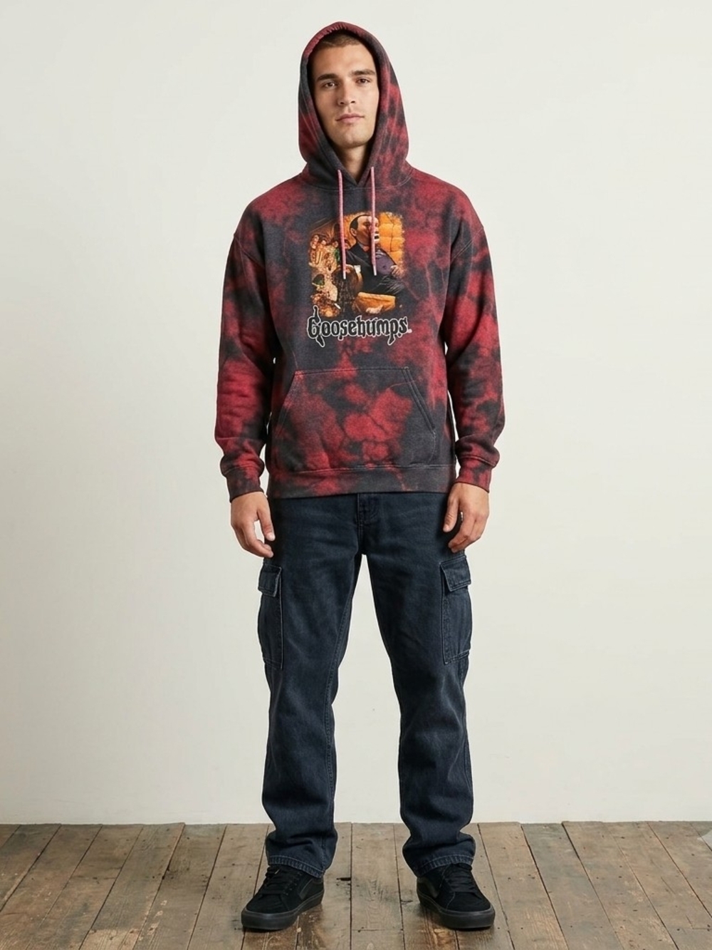 Goosebumps Slappy the Dummy Red & Black Acid Wash Tie-Dye Hoodie, Size Medium